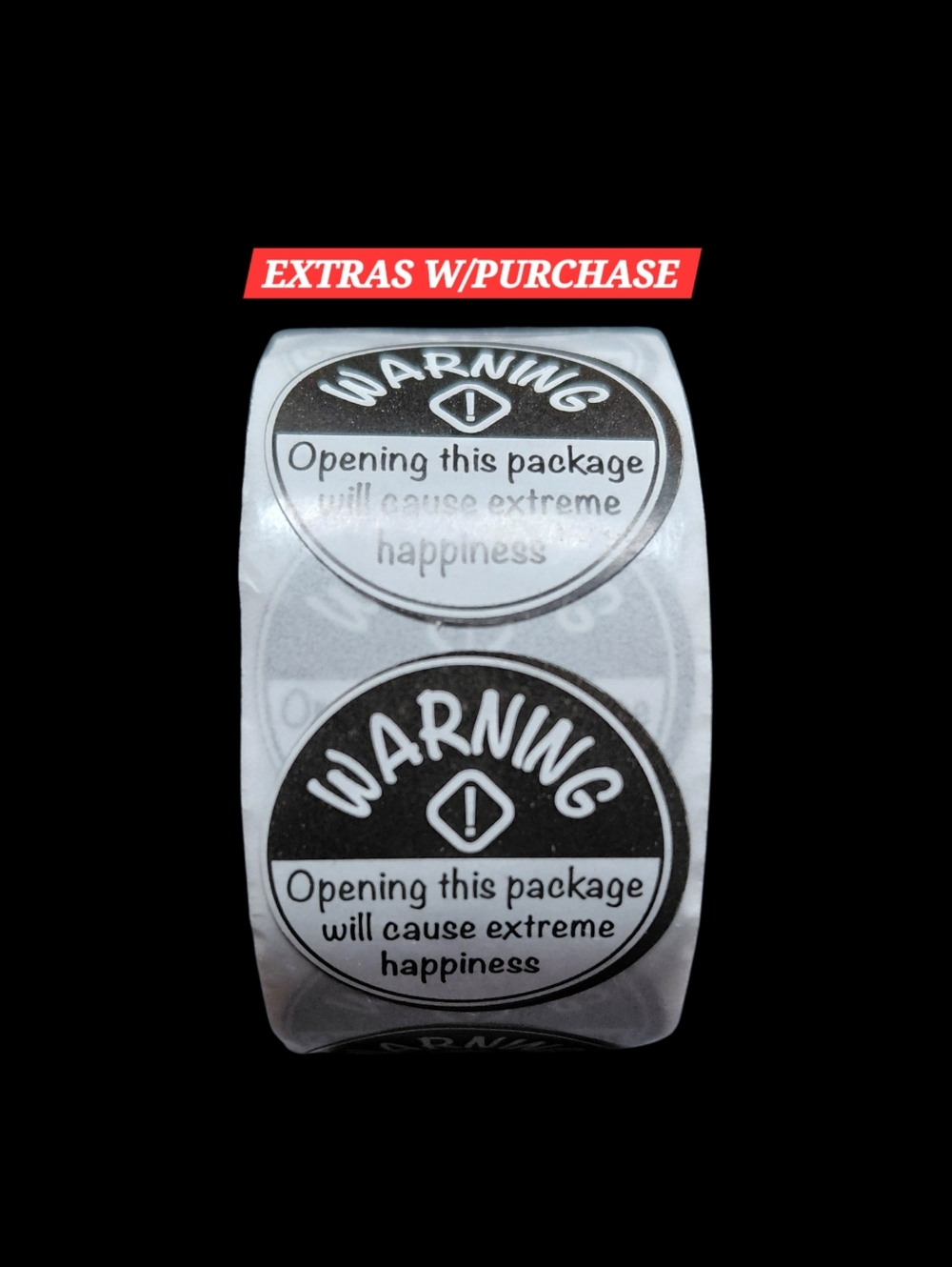 500ct. Warning Waterproof- Black & White Round Stickers/3 Random Polymailers 1"